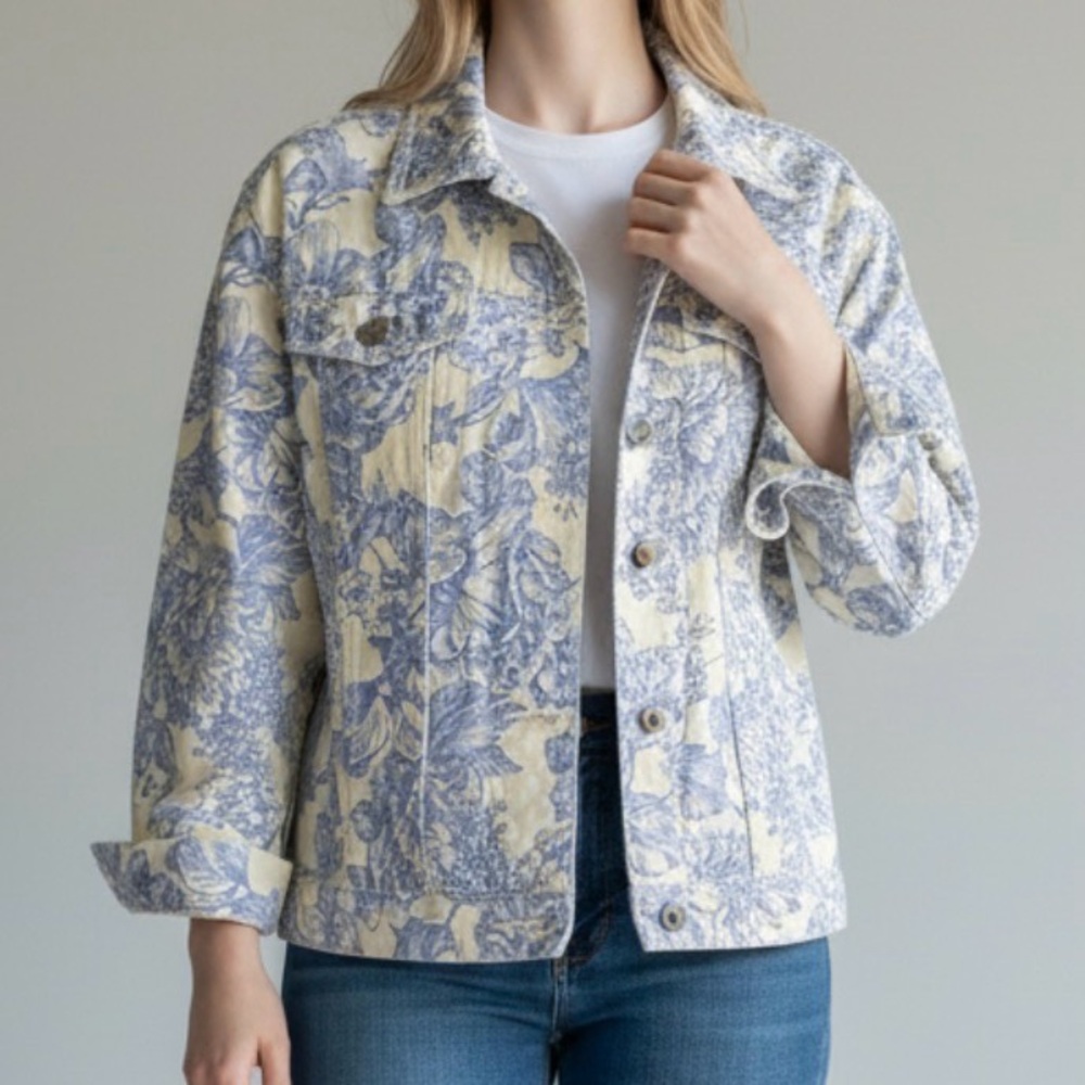 Eddie Bawer Blue and White Floral Jean Jacket